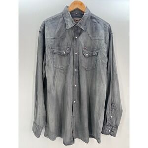 Rafter C Mens XL Grey Acid Wash Western Pearl Snap Long Sleeve Cotton Shirt